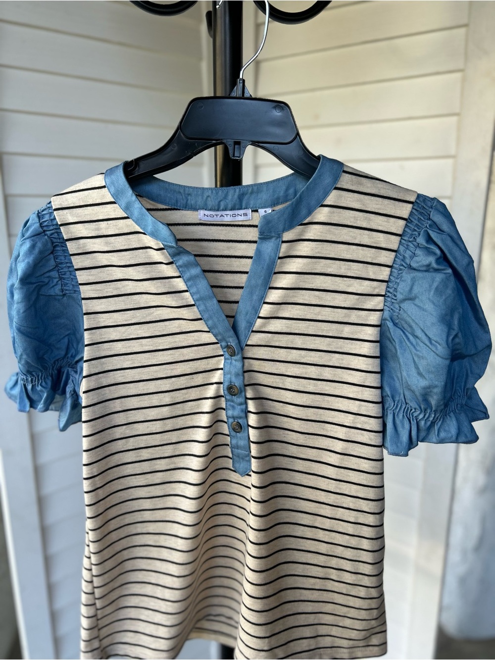 Notations Cream and Black Striped Tee with Blue Trim